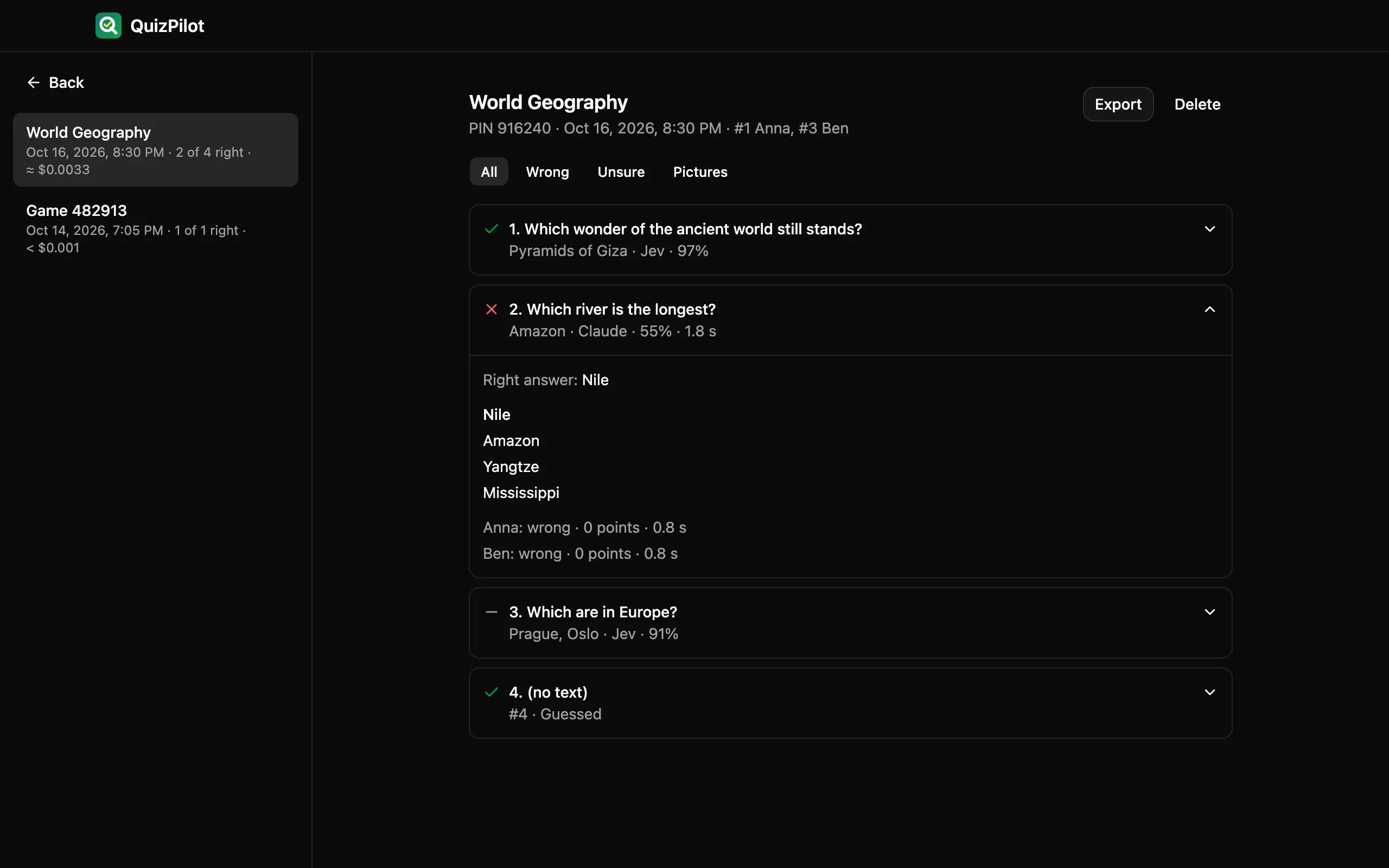 The history page with every saved game and its questions